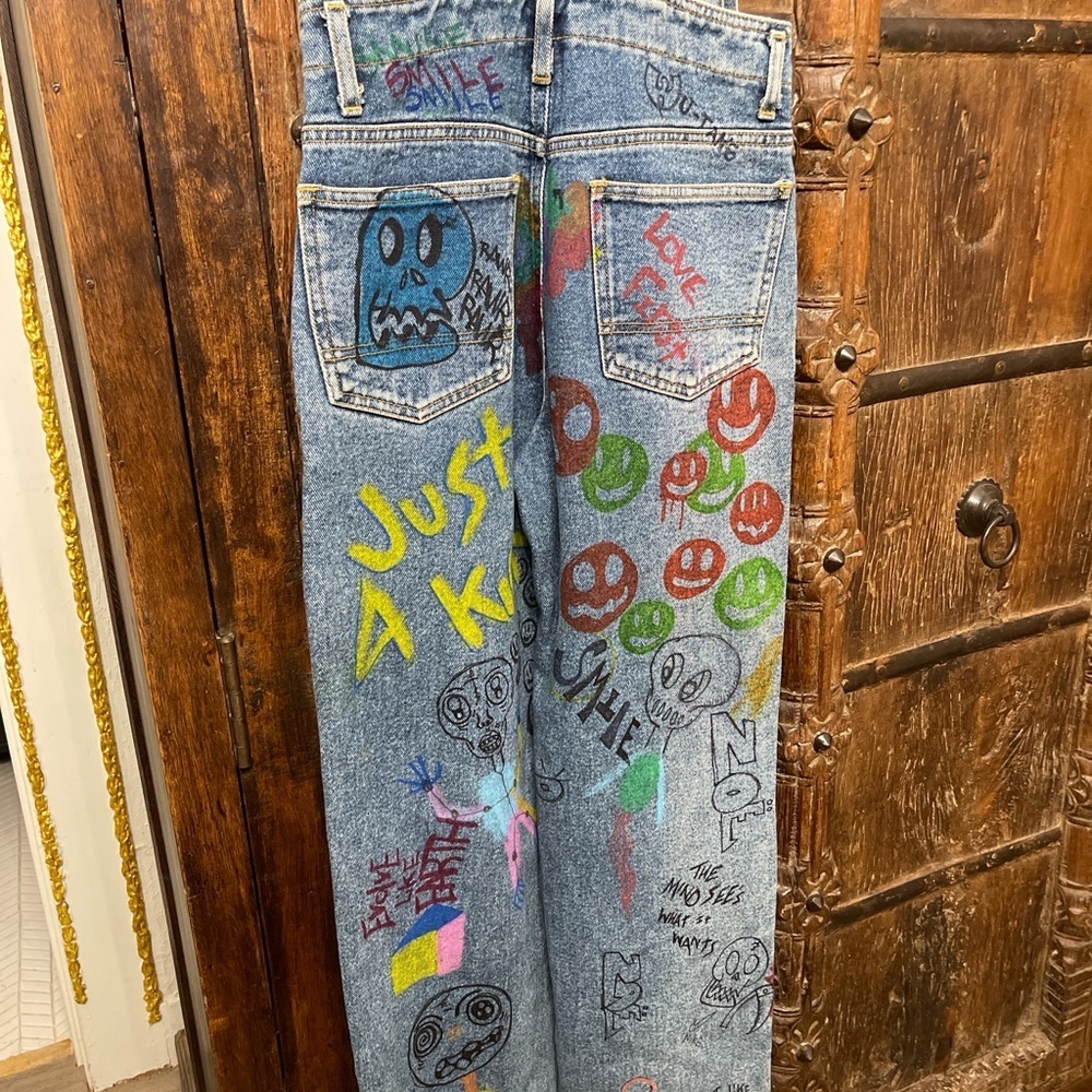 Vintage Esprit Hand-Painted Denim Overalls | 90s Graffiti Art Jeans | Size S - Picture 3 of 8